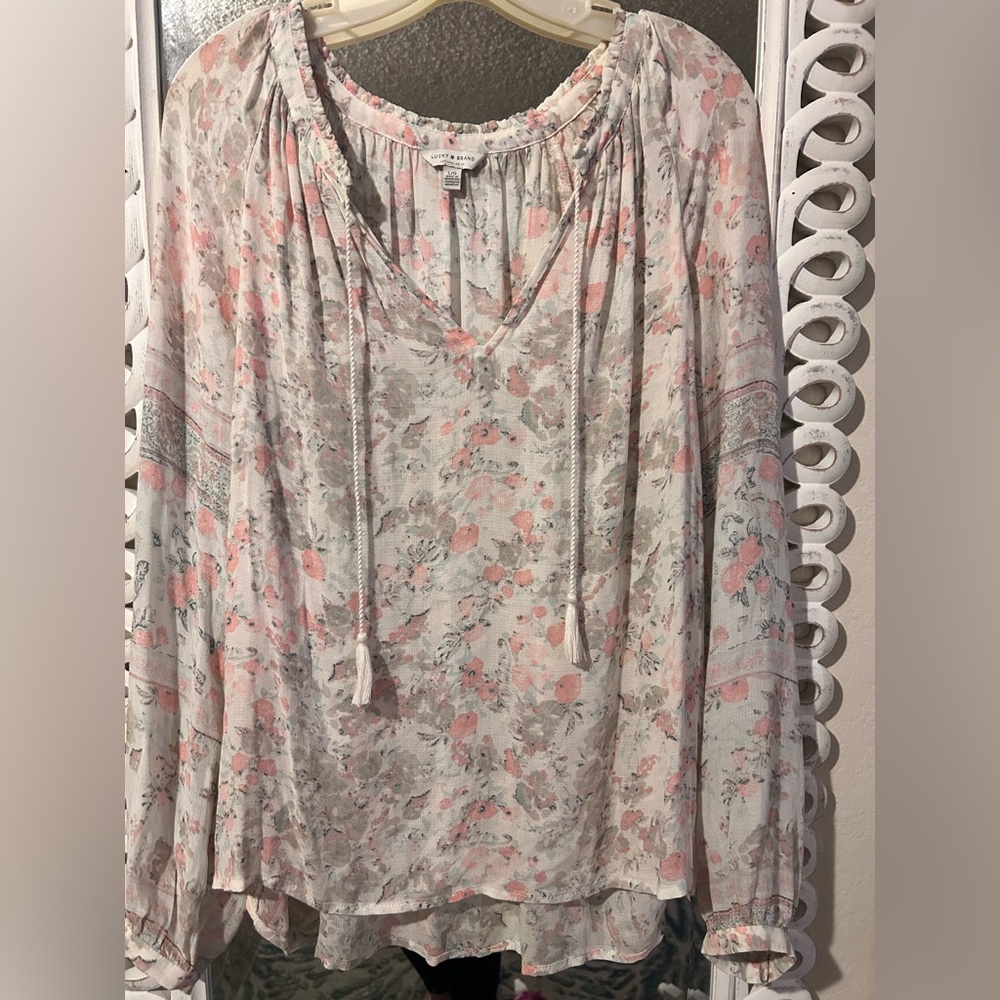 Lucky Brand Semi-Sheer Floral Printed V-neck Peasant Blouse with Tassel Ties